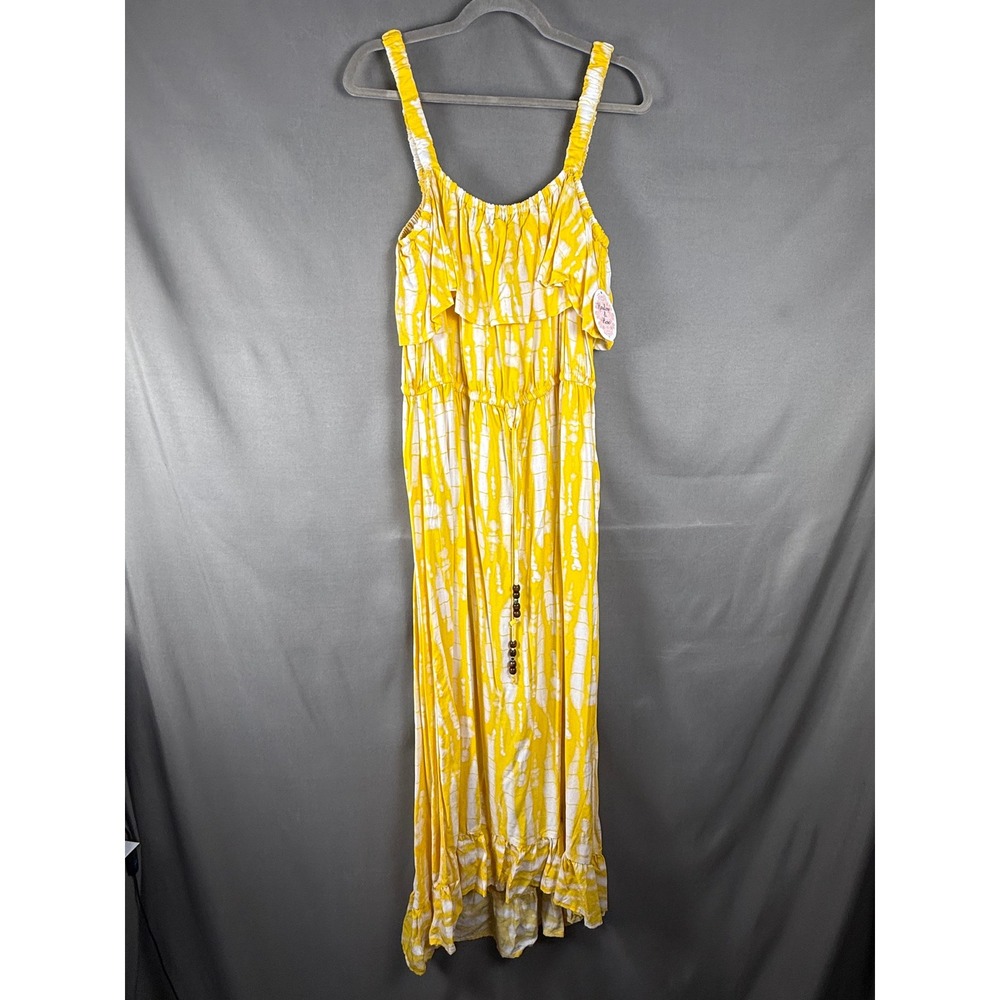 Harlow & Rose Maxi Dress Womens XL Yellow Tie Dye Ruffle Boho Sleeveless